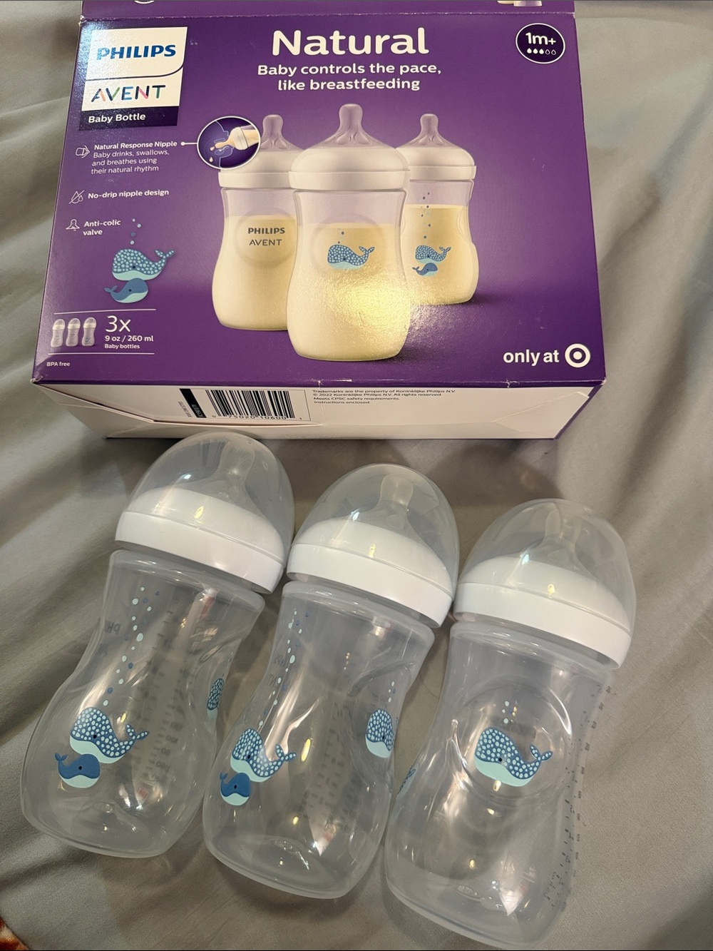 3x Philips Avent 9 oz baby bottle and size 5 fast flow nipples